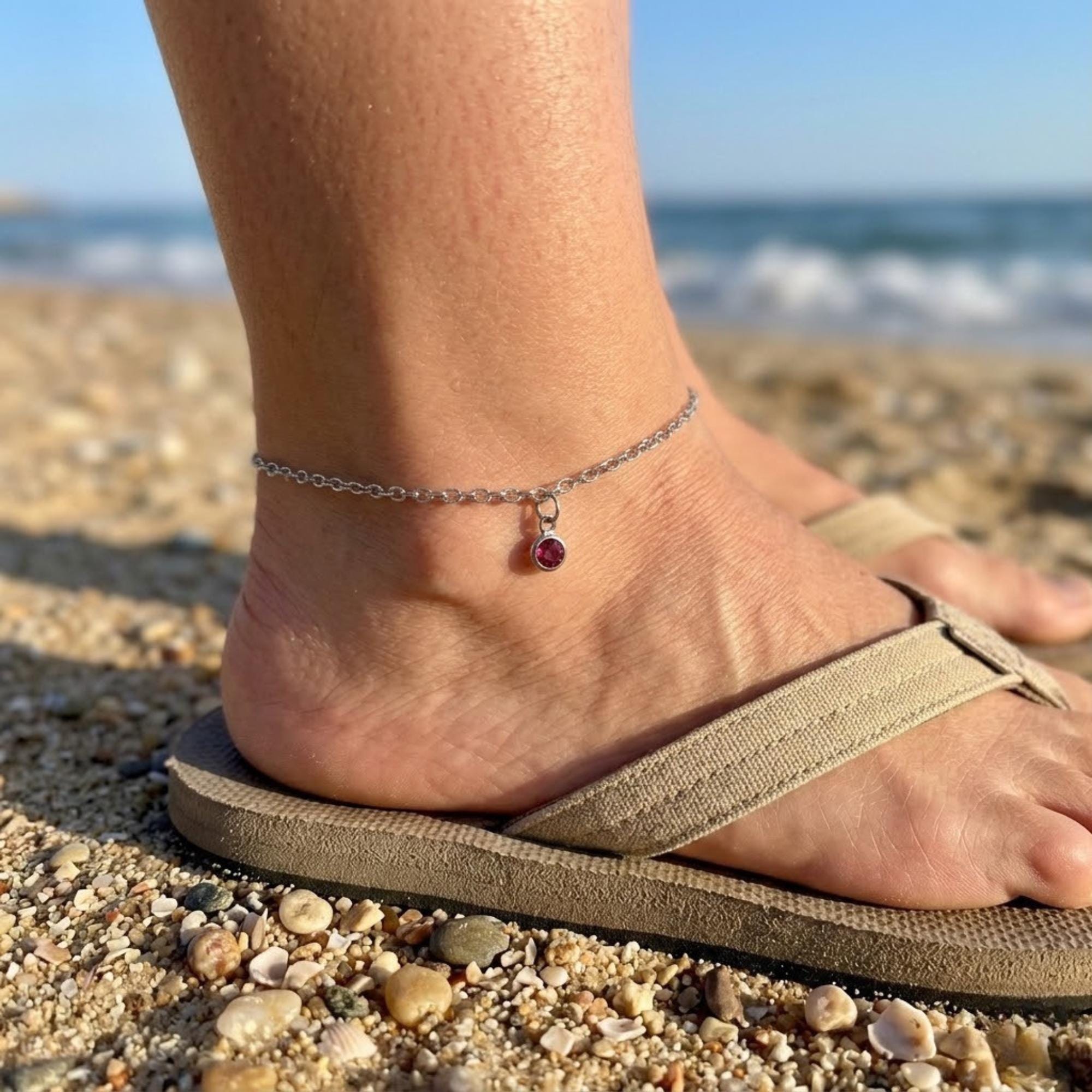 Gold tone stainless steel birthstone anklet with gemstone charm, perfect delicate beach anklet gift