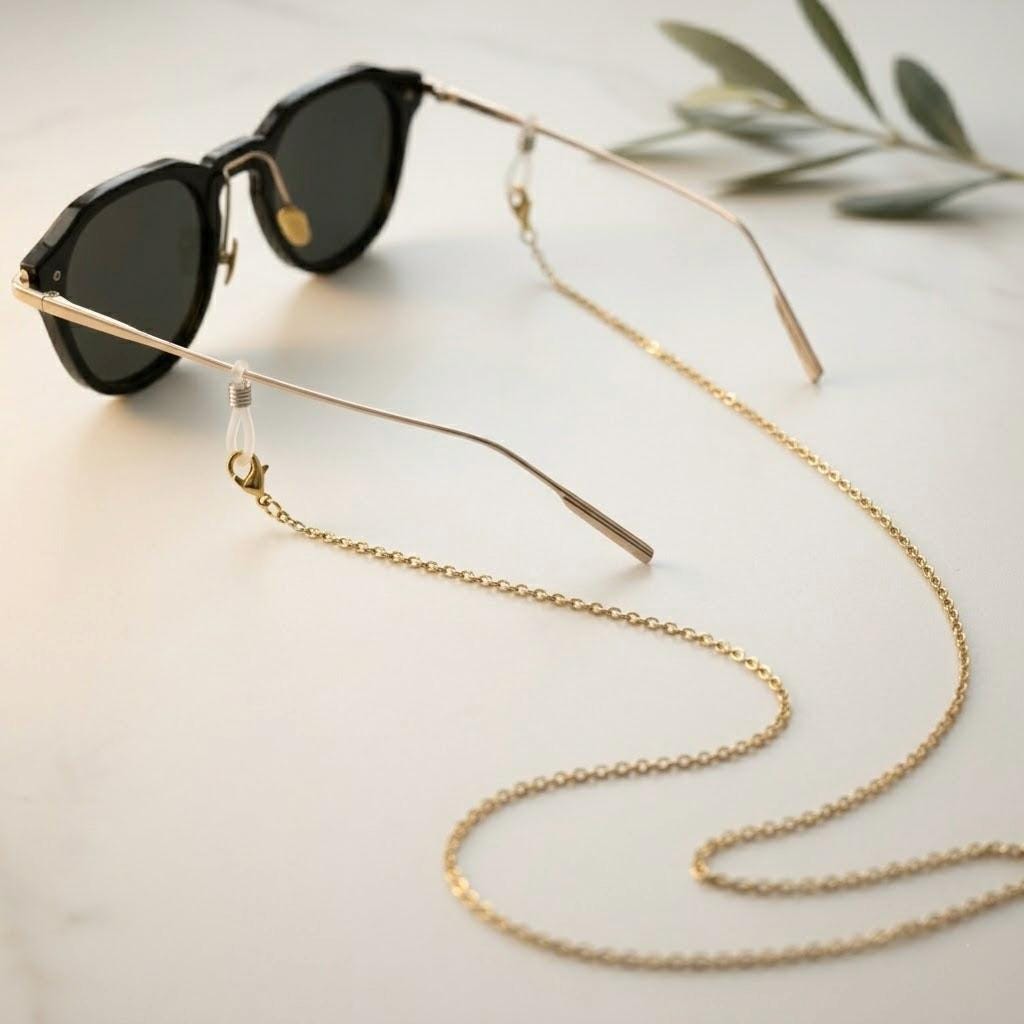 Dainty gold tone stainless steel eyeglasses chain handcrafted in Portugal for everyday eyewear styling