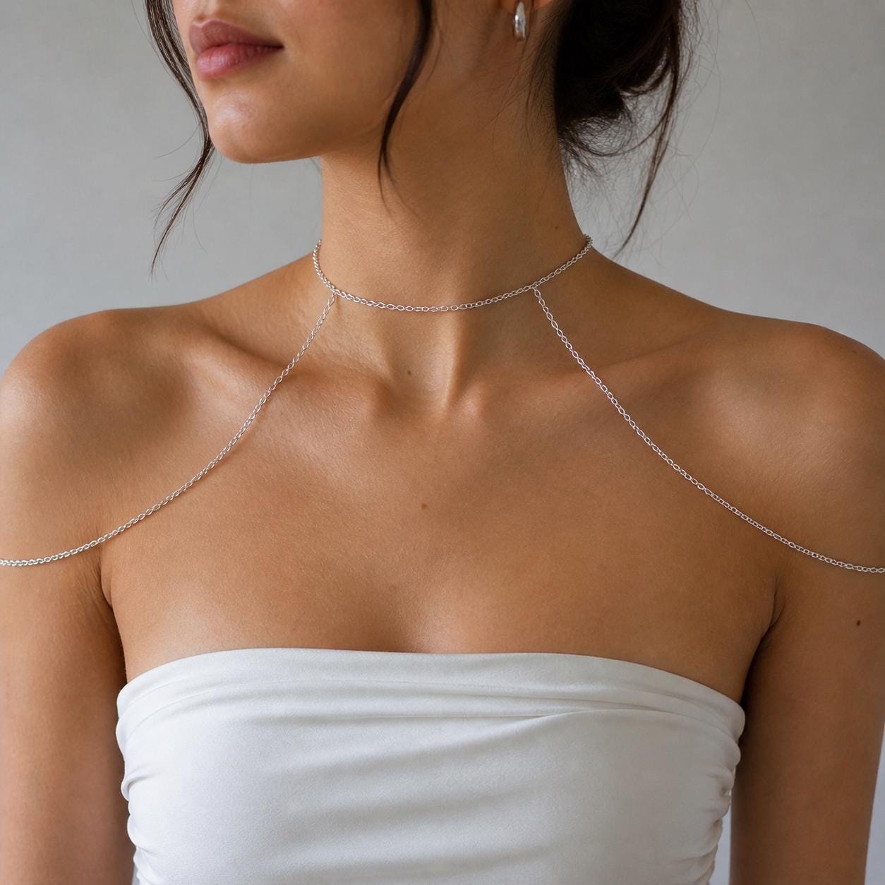 Silver stainless steel shoulder harness chain for elegant evening wear and special occasions