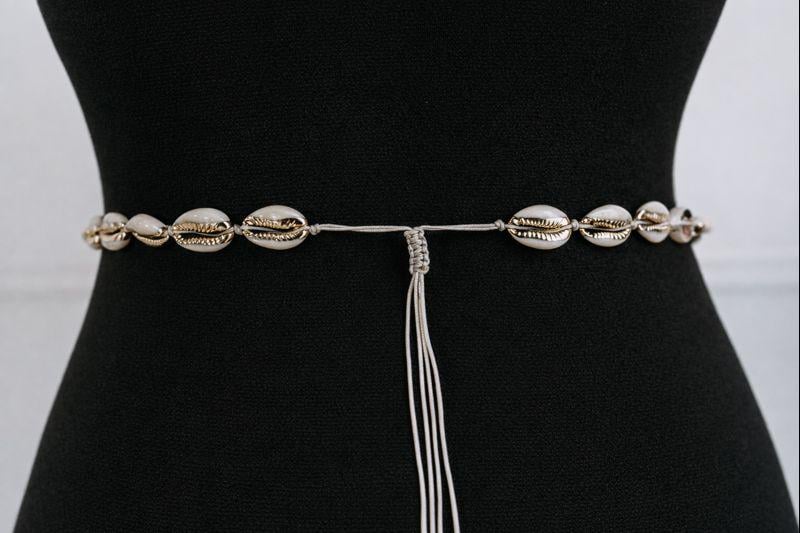 Handcrafted cowrie shell belly chain with natural shells on pull string cord, boho waist chain accessory for beach wear