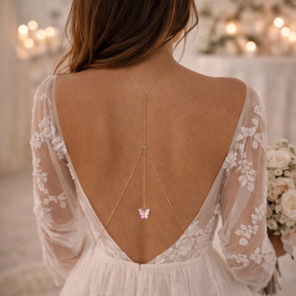 Gold stainless steel butterfly back chain necklace for open-back dresses and statement body jewelry