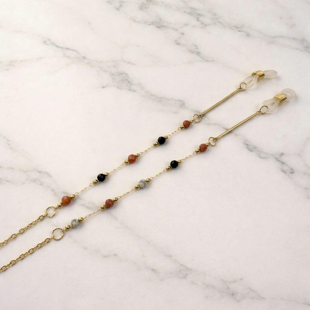 Gold-tone stainless steel beaded eyeglasses chain with mixed boho beads for everyday wear