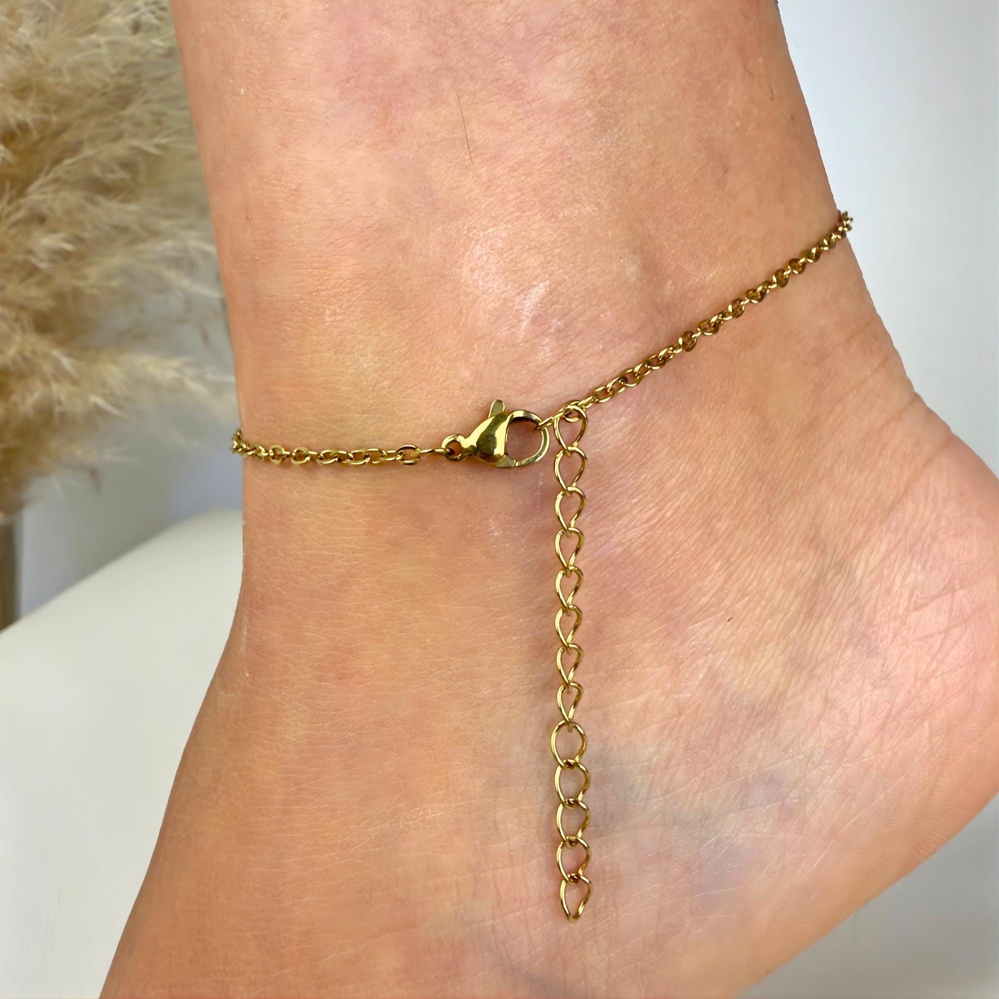 Gold stainless steel zodiac anklet with dangling charm, handmade beach ankle bracelet for daily wear