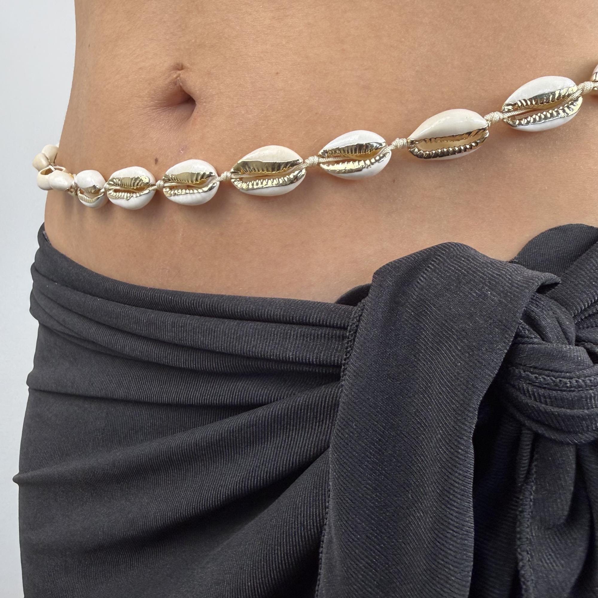 Handcrafted cowrie shell belly chain with natural shells on pull string cord, boho waist chain accessory for beach wear