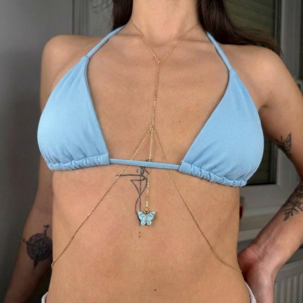 Gold stainless steel butterfly body chain for festivals, adjustable delicate rave wear charm