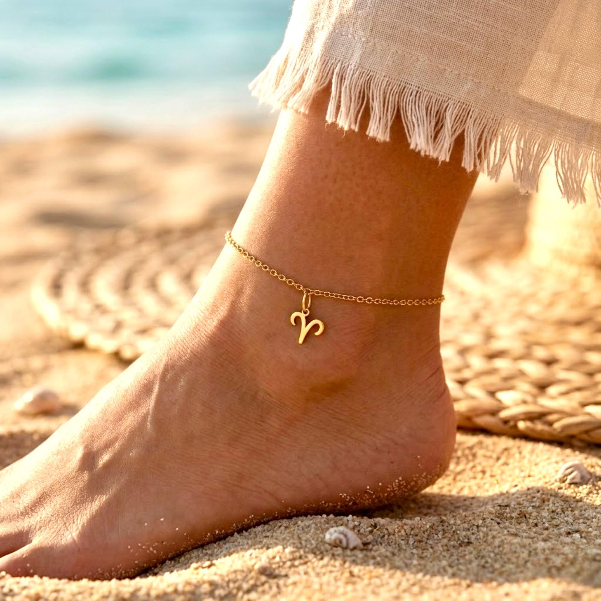 Gold stainless steel zodiac anklet with dangling charm, handmade beach ankle bracelet for daily wear