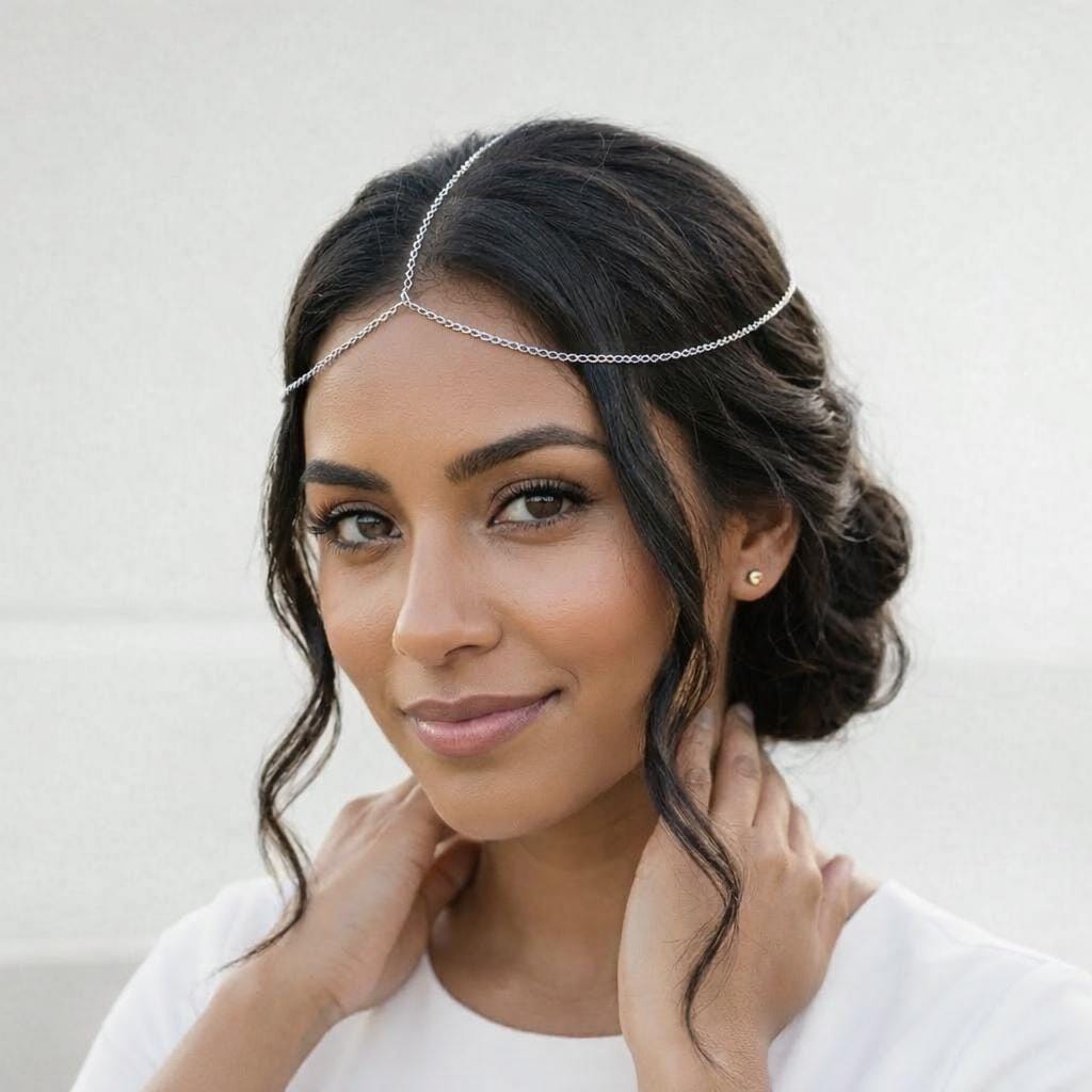 Gold tone stainless steel boho forehead chain headpiece, minimalist festival head chain accessory