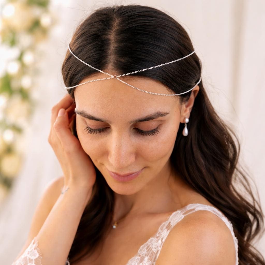 Delicate gold-tone stainless steel boho hair chain headpiece for festival fashion and weddings