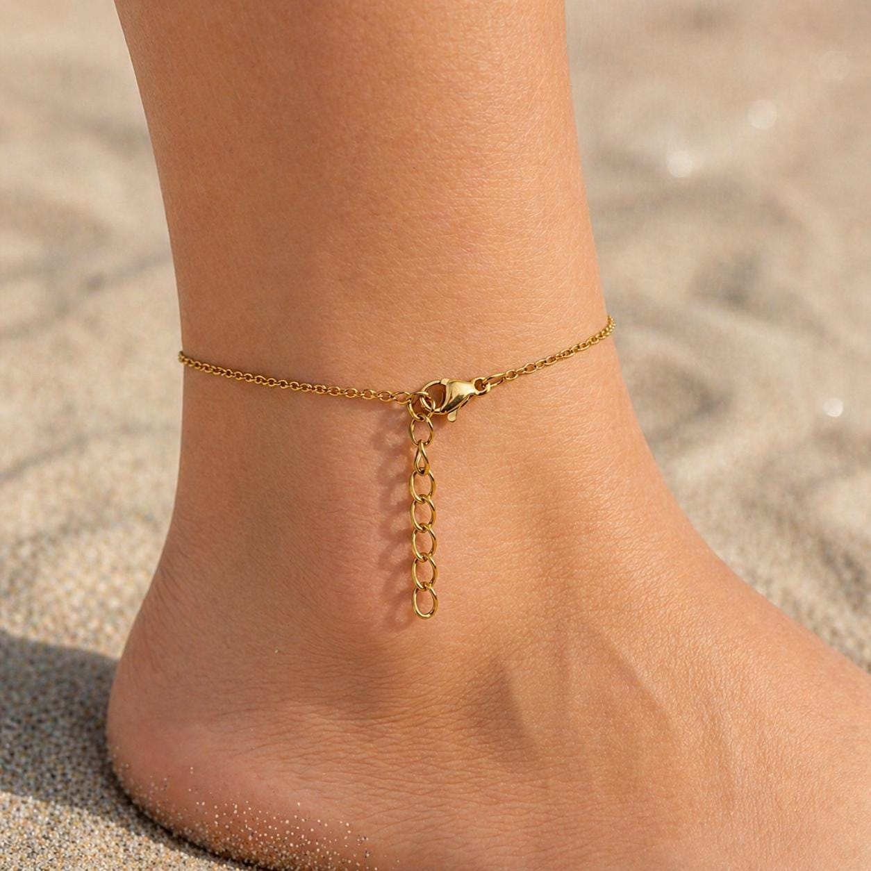 Delicate gold stainless steel beach anklet with zodiac charm and birthstone gemstone pendant
