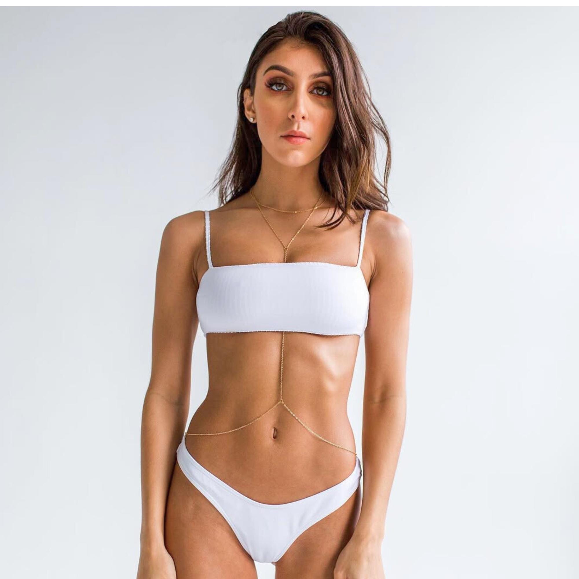 Gold tone stainless steel bikini body chain for beach and festival wear, handcrafted waterproof jewelry