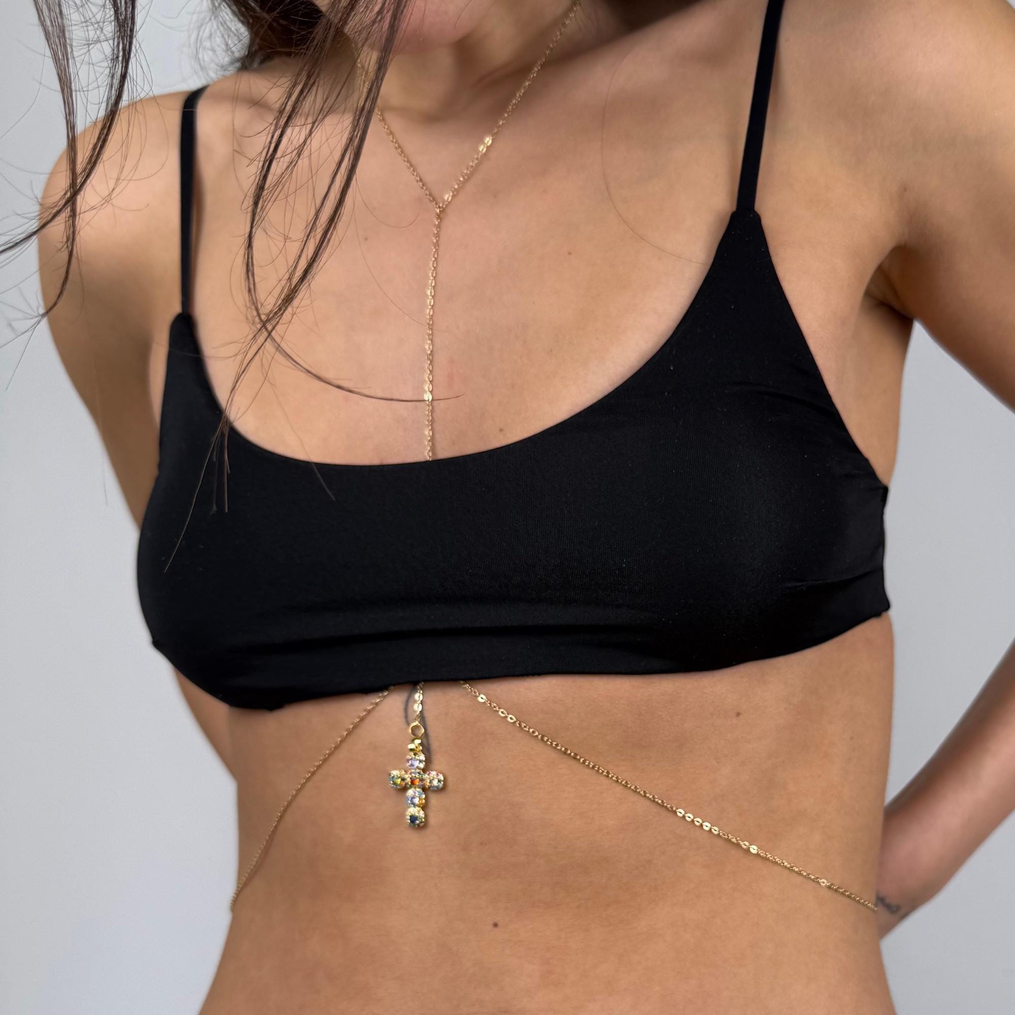 Gold-tone stainless steel cross body chain perfect for festival wear and everyday layering