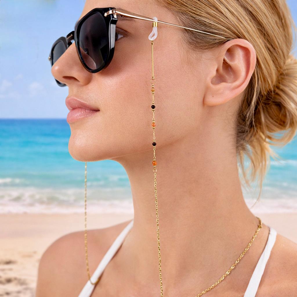 Gold-tone stainless steel beaded eyeglasses chain with mixed boho beads for everyday wear