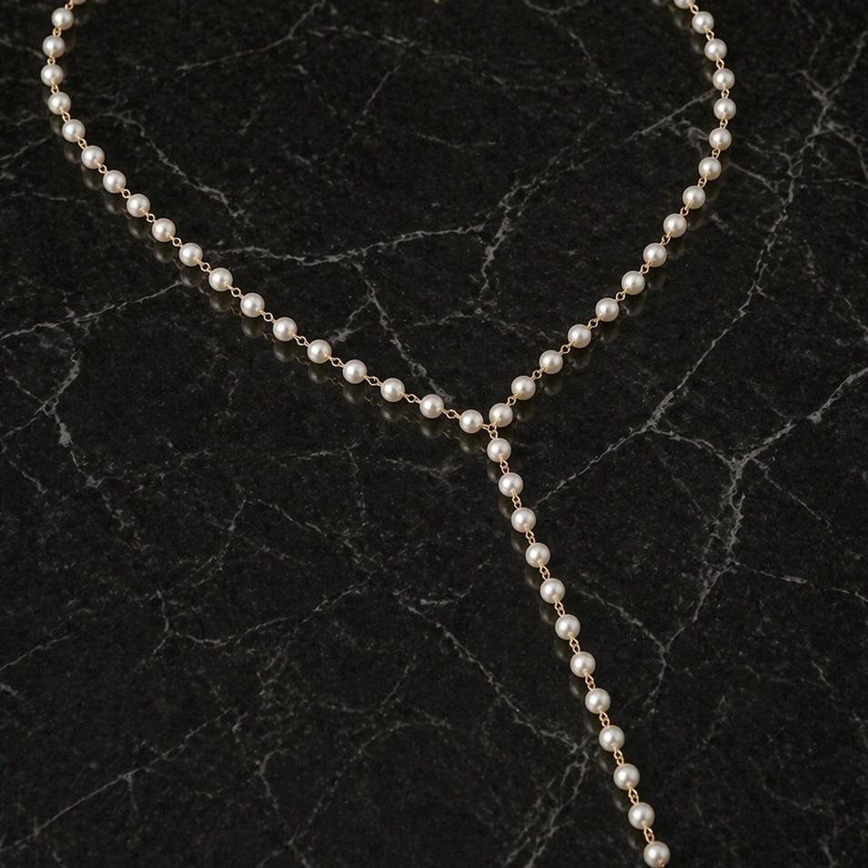 Gold-tone stainless steel pearl lariat back necklace with freshwater pearls for bridal back jewelry