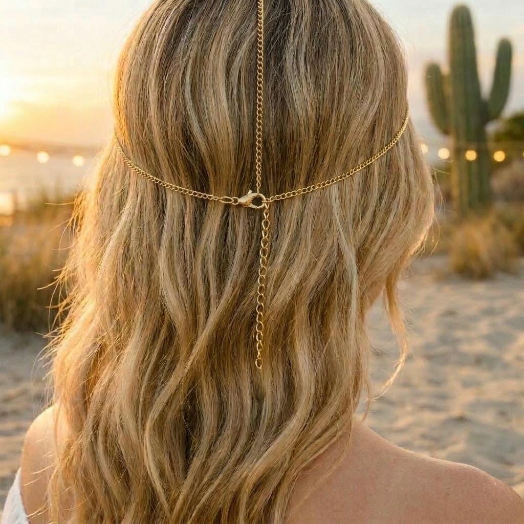 Gold tone stainless steel boho forehead chain headpiece, minimalist festival head chain accessory
