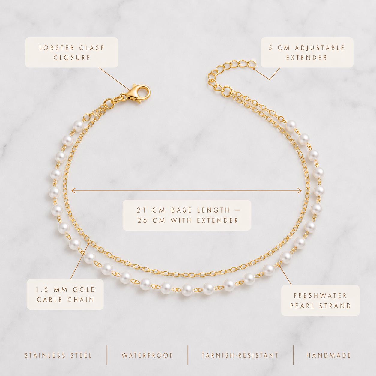 Gold-tone stainless steel layered pearl anklet for beach wear and elegant everyday styling