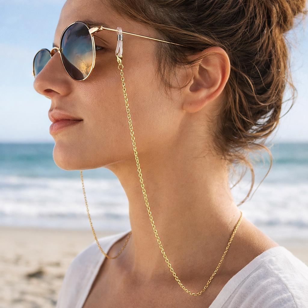 Dainty gold tone stainless steel eyeglasses chain handcrafted in Portugal for everyday eyewear styling