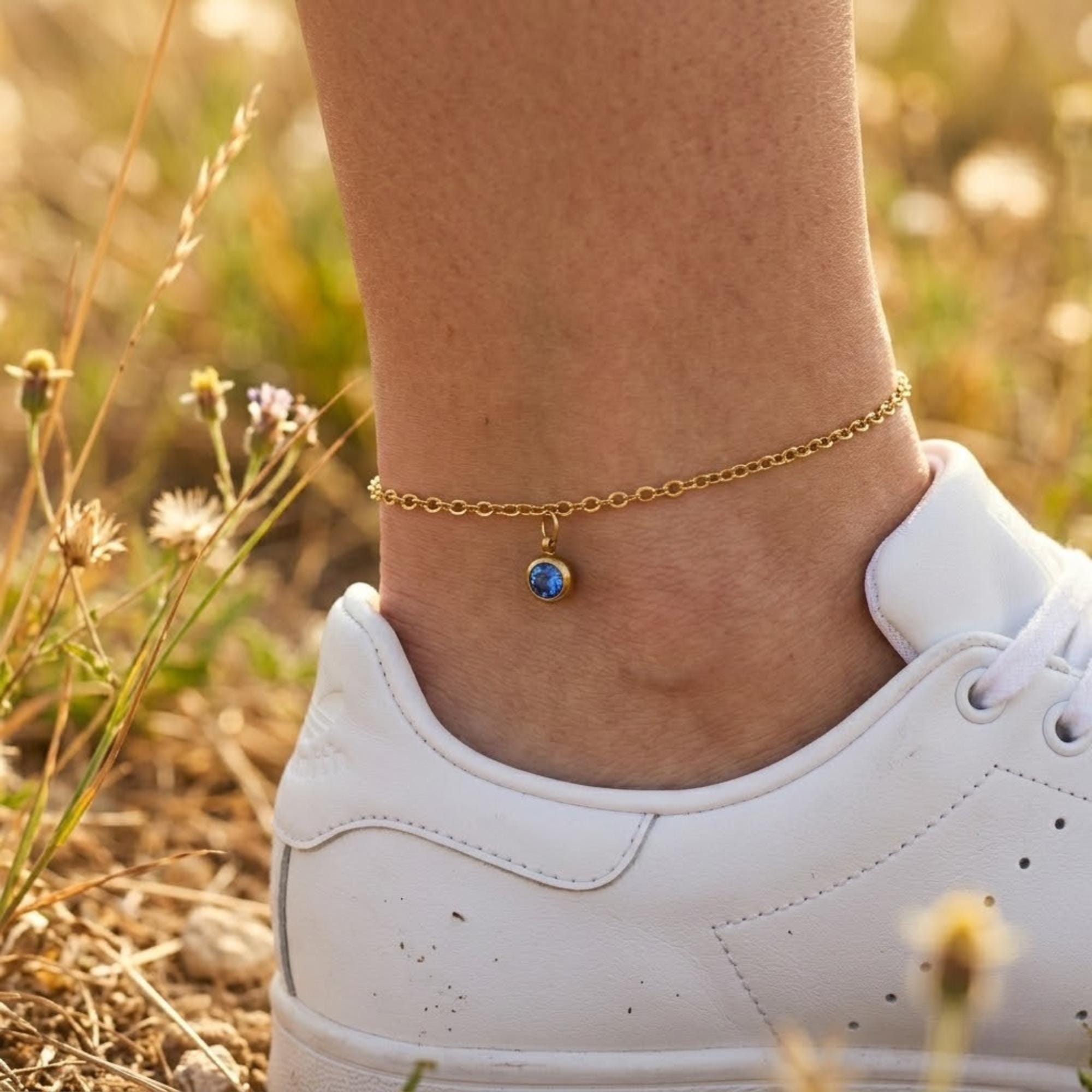 Gold tone stainless steel birthstone anklet with gemstone charm, perfect delicate beach anklet gift