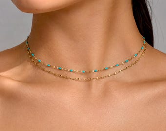 Layered Choker Necklace Stacked Turquoise Gold Enamel Bead Boho Dainty Jewelry Gift for Her Waterproof Jewelry Stainless Steel Handmade