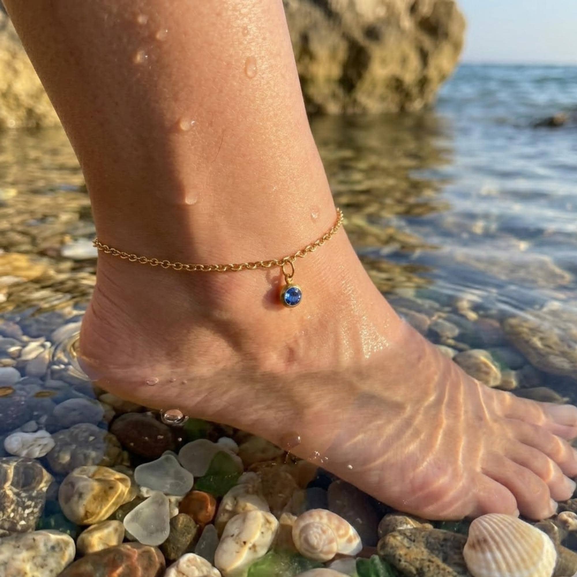Gold tone stainless steel birthstone anklet with gemstone charm, perfect delicate beach anklet gift
