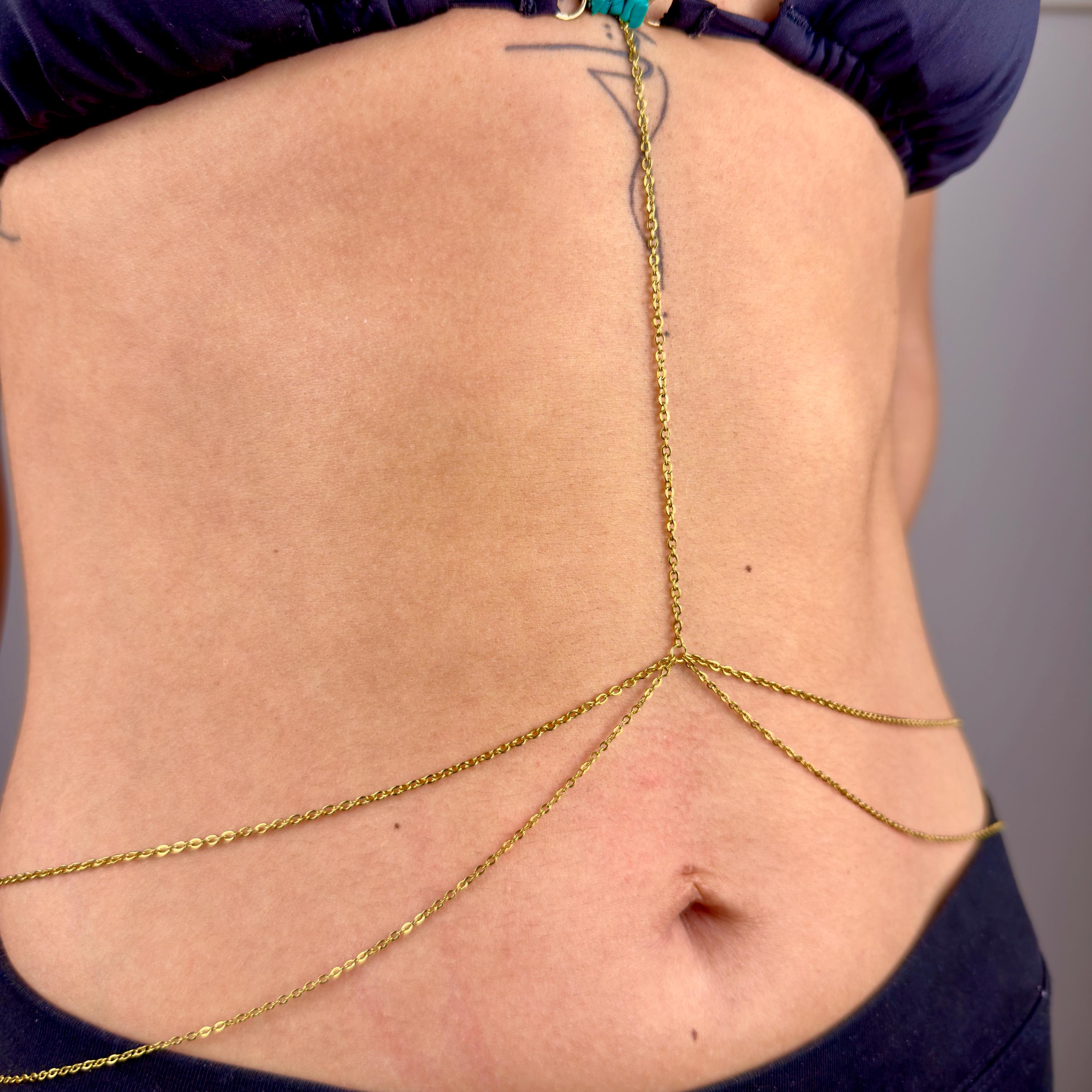 Gold stainless steel bikini body chain necklace for beach and festival wear, waterproof minimalist body jewelry