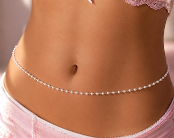 Trendy Pearl Waist Chain for Honeymoon Lingerie Accessory Minimalist Beaded Belly Chain for Vacation Unique Body Jewelry Dainty Chic gf Gift