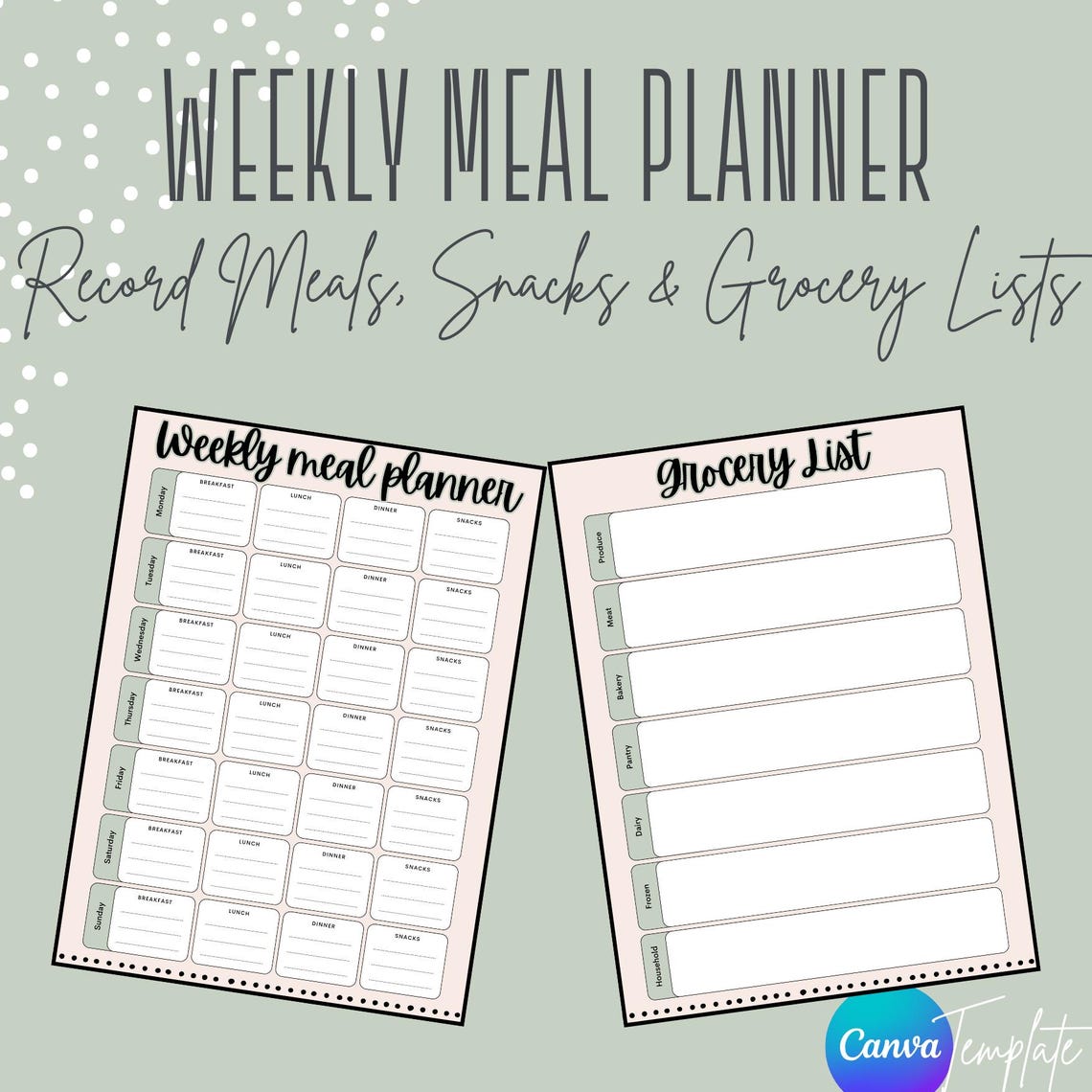Editable Weekly Meal Planner Template With Grocery List | Canva ...