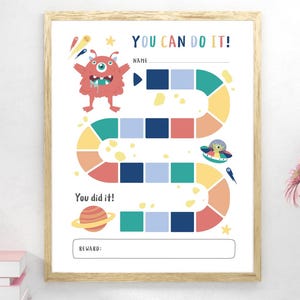 Può includere: Un grafico stampabile con un design colorato a tema spaziale. Presenta un mostro, un'astronave, pianeti e stelle. Il grafico dice "You Can Do It!" e ha spazi per un nome, una ricompensa e un tracker di progresso.