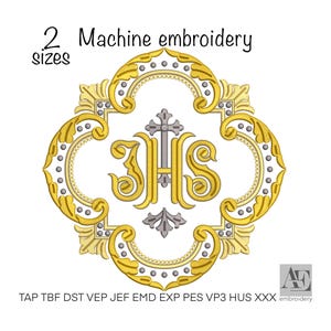 Puede incluir: Diseño de bordado a máquina con un monograma IHS dorado y plateado dentro de un marco decorativo. El diseño incluye el texto "2 tamaños" y "Bordado a máquina". Adecuado para varias máquinas de bordar.
