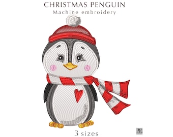 Christmas Penguin Machine Embroidery Design, Cute Christmas Penguin with Scarf, Christmas Embroidery File