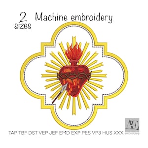 May include: Machine embroidery design featuring a red heart with flames, a crown of thorns, and an arrow, set against a gold and white quatrefoil shape. The text "2 sizes" and "Machine embroidery" are at the top. The design includes the letters "AE" and the word "embroidery".