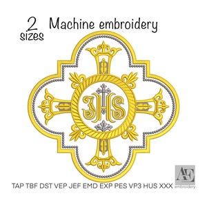 May include: A machine embroidery design featuring a central IHS monogram within a circular frame, surrounded by a cross and ornate gold filigree elements. The text 2 sizes Machine embroidery and file formats TAP TBF DST VEP JEF EMD EXP PES VP3 HUS XXX are visible.