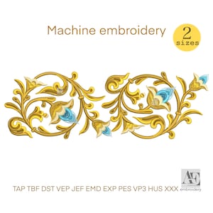 Floral embroidery, Baroque design, Gold embroidery, Embroidery border, Ornamental trim, Rococo pattern, Victorian design, DST, PES, JEF