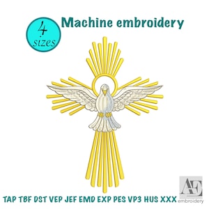 Diseño de bordado a máquina de cruz con paloma del Espíritu Santo - Bautismo, Confirmación, Primera Comunión, Pascua cristiana, descarga instantánea DST