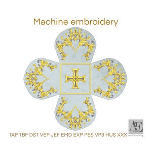 May include: A light blue, four-leaf clover-shaped design with gold floral embroidery and a gold cross in the center. The words "Machine embroidery" are at the top. The design is on a white background.