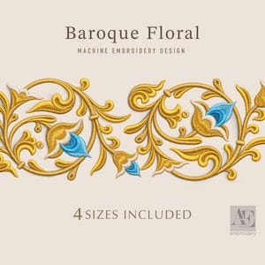 Puede incluir: Un diseño de bordado a máquina con un patrón floral barroco horizontal con enredaderas doradas y detalles de flores azules y blancas. El texto dice Baroque Floral MACHINE EMBROIDERY DESIGN y 4 SIZES INCLUDED con un logotipo de bordado AE.
