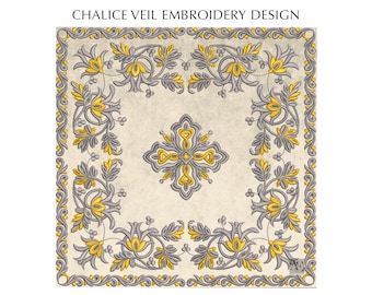 May include: A square chalice veil embroidery design featuring a central cross motif surrounded by a floral border. The pattern uses yellow and gray thread on a cream background. The text CHALICE VEIL EMBROIDERY DESIGN is at the top.