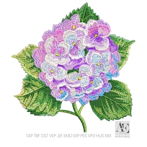 May include: An embroidered design of a hydrangea flower in shades of purple, pink, and blue, with green leaves and stem. The design is detailed with various embroidery file formats listed at the bottom.