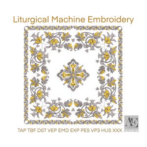 Puede incluir: Diseño de bordado cuadrado con motivos florales y de cruz. El diseño presenta colores grises y amarillos con el texto "Liturgical Machine Embroidery". El diseño está rodeado por un borde decorativo e incluye abreviaturas de formatos de archivo.