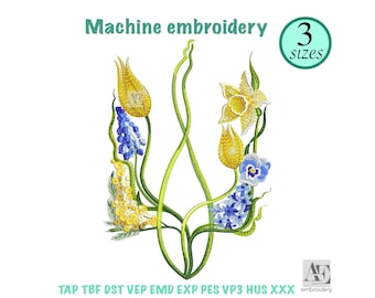 Ukraine Trident Floral Embroidery Design | Tryzub Machine Embroidery | Yellow Blue Flowers | Ukrainian Symbol Pattern | DST, PES |