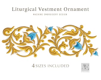 May include: A machine embroidery design titled Liturgical Vestment Ornament featuring a horizontal gold scrollwork pattern with blue and white floral accents. The text reads Liturgical Vestment Ornament, Machine Embroidery Design, and 4 SIZES INCLUDED.
