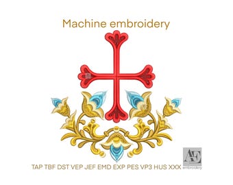 May include: A machine embroidery design featuring a red cross centered above a symmetrical arrangement of gold and light blue floral motifs. The text Machine embroidery appears at the top, with file formats TAP TBF DST VEP JEF EMD EXP PES VP3 HUS XXX at the bottom.