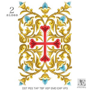 May include: An embroidery design featuring a central red cross surrounded by gold scrolling acanthus leaves and light blue floral accents. The text 2 sizes is in the upper left corner, and the text DST PES TAP TBF VEP EMD EXP VP3 is at the bottom.