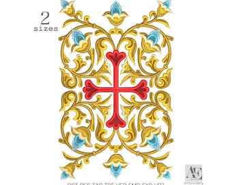 May include: An embroidery design featuring a central red cross surrounded by gold scrolling acanthus leaves and light blue floral accents. The text 2 sizes is in the upper left corner, and the text DST PES TAP TBF VEP EMD EXP VP3 is at the bottom.
