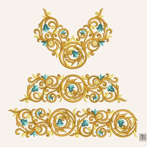Puede incluir: Tres diseños de bordado con patrones de filigrana dorada en espiral y detalles florales en color verde azulado. El diseño superior tiene forma de V, el central es un borde rectangular y el inferior es un borde rectangular más ancho con dos círculos.