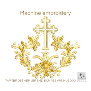 Diseño de cruz bordada religiosa: símbolo cristiano floral dorado, vestimentas religiosas, bordado sagrado, patrón de bautizo, descarga instantánea