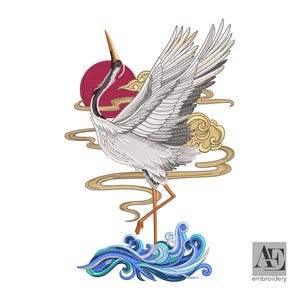 May include: An embroidered design featuring a crane with outstretched wings, set against a red sun and gold clouds. The crane stands on blue and teal waves, with the "AE embroidery" logo in the bottom right corner.