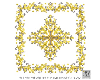 May include: An embroidery design featuring a central cross surrounded by intricate gold and grey filigree patterns, enclosed within a square decorative border. The text AE embroidery and file formats TAP TBF DST VEP JEF EMD EXP PES VP3 HUS XXX appear at the bottom.