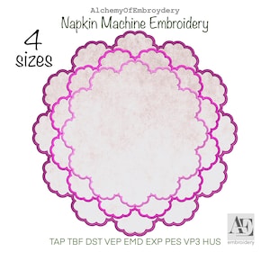 Può includere: Un design digitale per ricamo a macchina per tovaglioli, con quattro misure di cerchi con bordi smerlati. Il design ha un centro bianco strutturato e un bordo rosa acceso. Il testo "Napkin Machine Embroidery" è visualizzato sopra il design.