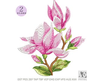 Magnolia Flower Machine Embroidery Design, Botanical Floral Branch Pattern, Instant Download (DST, PES, JEF) 2 sizes