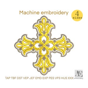 May include: Machine embroidery design of a gold and grey cross with ornate floral details. The design includes the text "Machine embroidery" and "4 sizes". The design is on a white background.